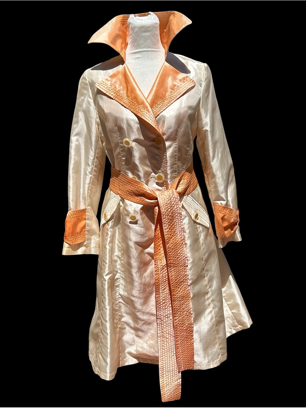 Unusual Trench Coat Iridescent Glitter Cream Orange Peach Shiny Bow